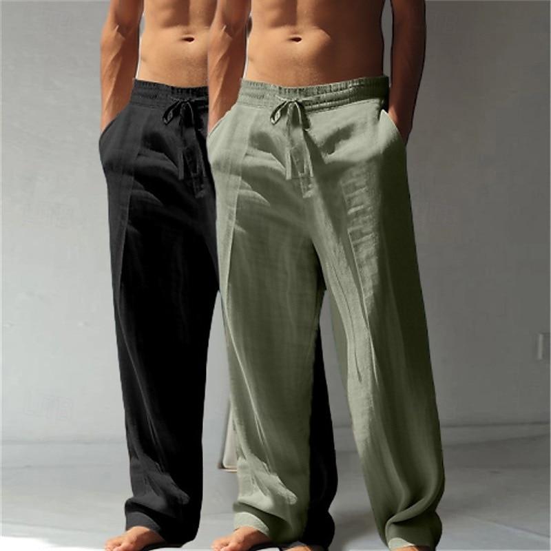 Herren Leinenhosen Hose Sommerhose Baggy-Hosen Strandhose Kordelzug Elastischer Bund Gerader Schnitt Einfach Komfort Atmungsaktiv Volle Länge Lässig Täglich Ferien Urlaub Klassicher Stil Grün + grau 2025 - $27.99 –P10