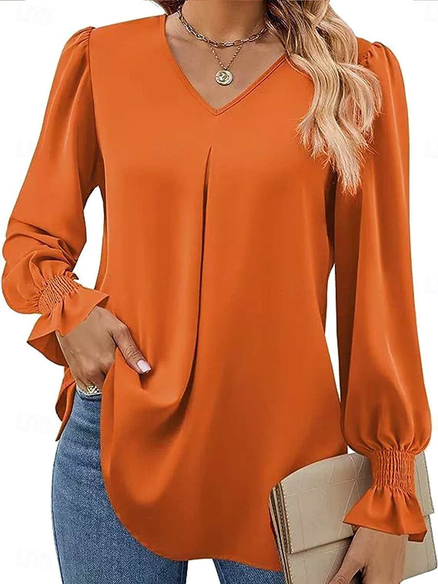 Damen Hemd Einfarbig Einfach Elegant Stilvoll Basic Langarm V Ausschnitt Einkerbiger Ausschnitt Normale Oberteile Arbeit Täglich Ferien Rüsche Rosa Rote Königsblau Orange Khaki Frühling Herbst Winter 2025 - $19.99 –P4