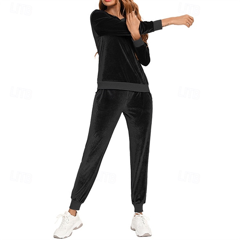 Damskie Dres Spodnie dresowe Bluza z kapturem Kieszeń Solidne kolory Zestawy odzież Jesień Czarny Różowy Welur Siłownia Trening Sportowy Odporność na wiatr Długi rękaw Sport Odzież sportowa Średnio 2026 - $35.99 –P6