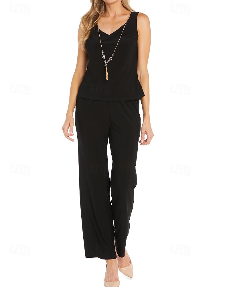 Mono  Traje de Pantalón de 3 Piezas Traje de la Madre de la Novia Traje Elegante Vintage Simple Cuello en V Largo hasta el Tobillo Chiffón Elástico con Manga Corta y Apliques Bordados con Lentejuelas 2025 - $135.99 –P3