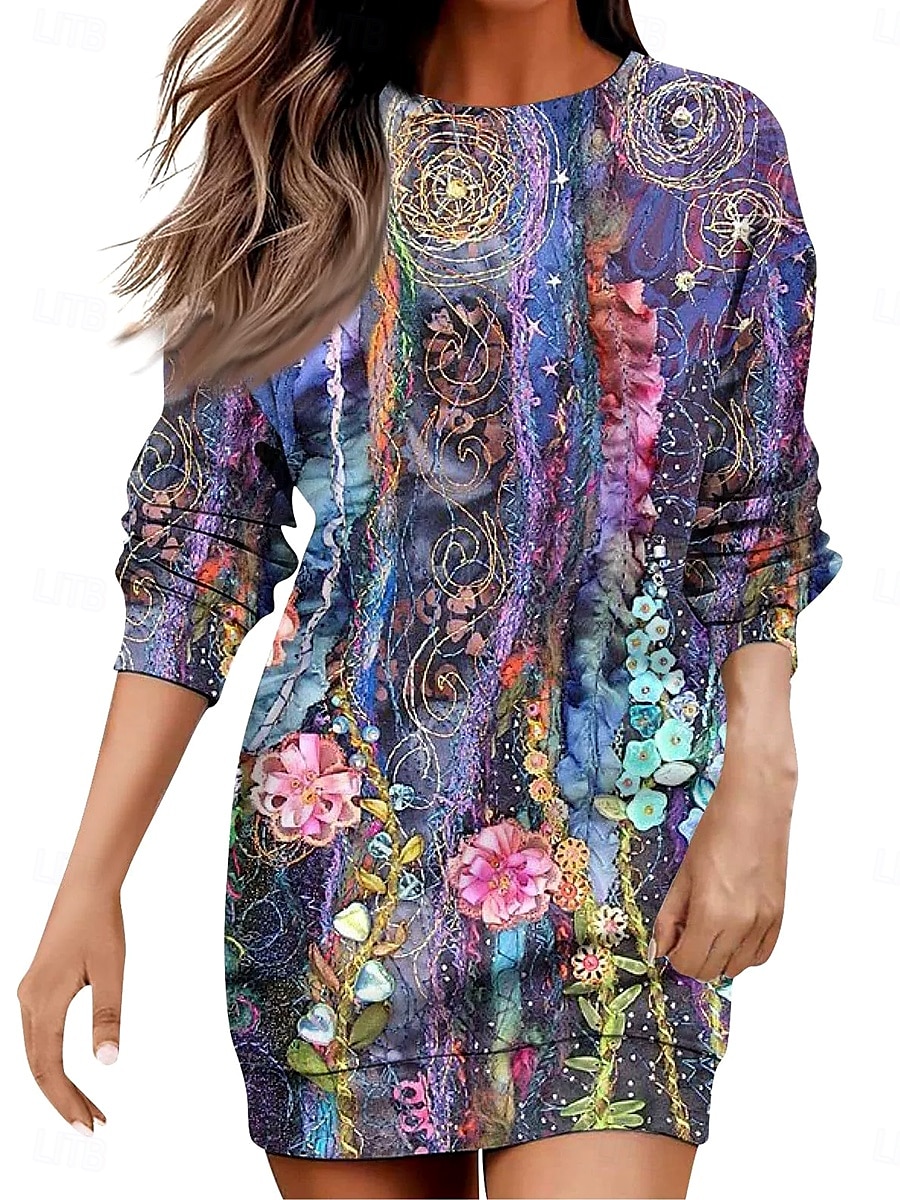 Dames Mini-jurk Hemdjurk Casual Vakantie Feestdagen Uitgaan Normale pasvorm Bloemig Grafisch Geometrisch Lange mouw Strakke ronde hals Roestig rood Paars khaki Herfst Winter 2025 - $27.99 –P1