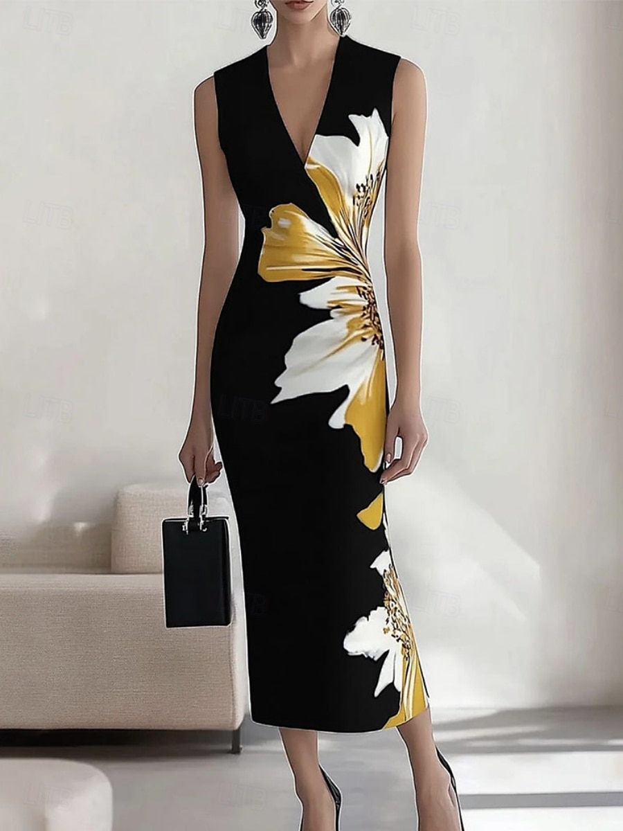 Femmes Robe maxi Robe fourreau Occasionnel Extérieur Sortir Coupe régulière Fleuri Sans manches Col en V Bleu marine Noir Été de 2025 ? $14.99 –P3