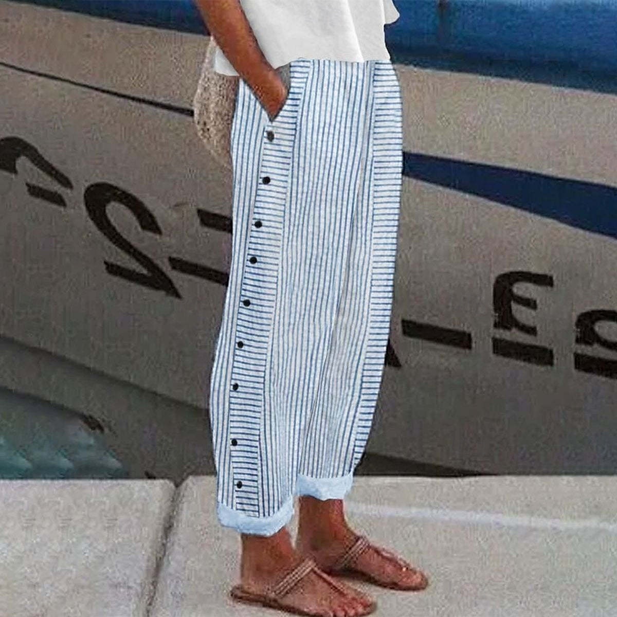 Femmes Pantalon sarouel Vacances ancien Style Ethnique Longueur complète Taille Moyenne Rayé Micro-Élastique Formel Vacances Rue Bleu Été Printemps Automne Coupe Ample de 2025 ? $32.99 –P1