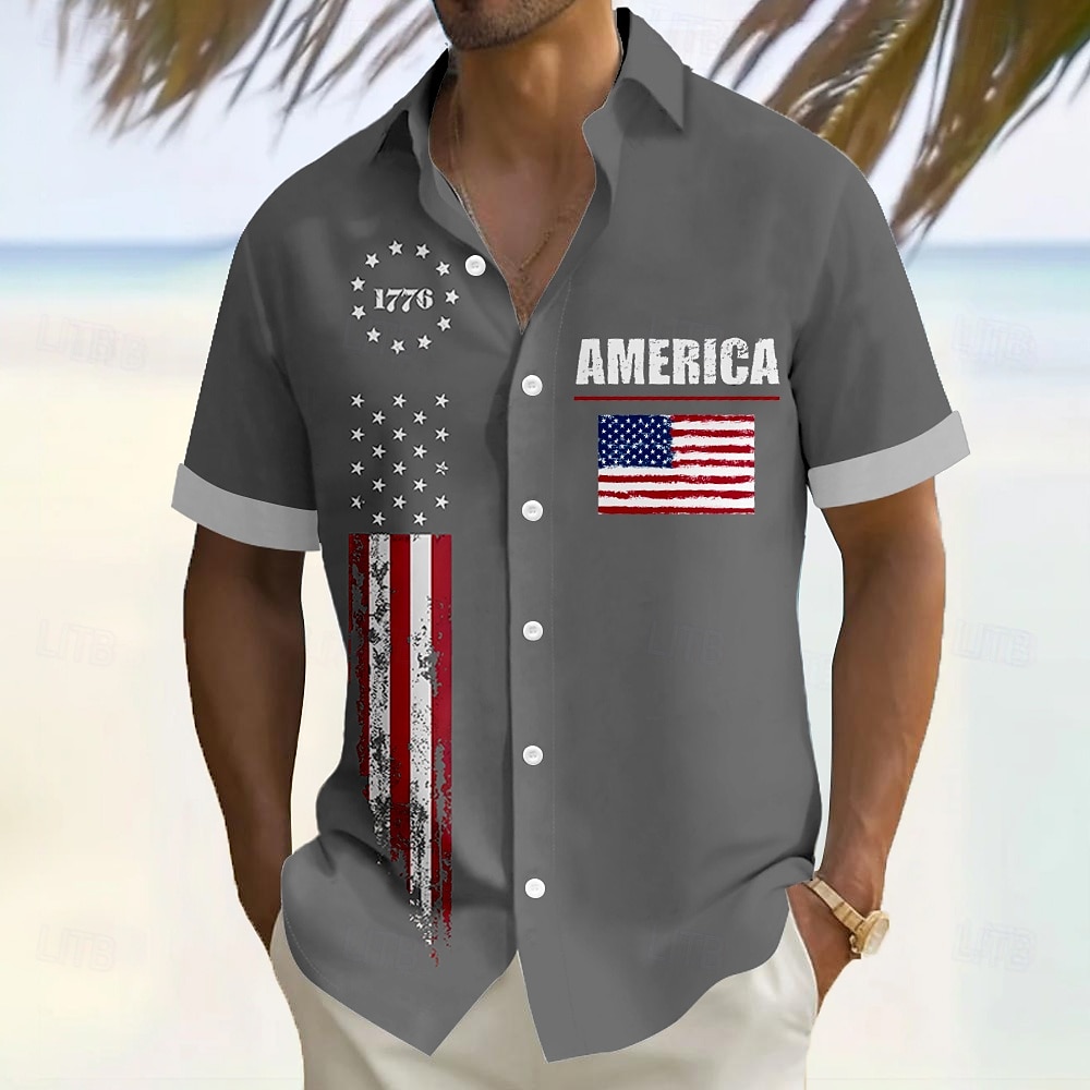 Independence Day Men's American US Flag Patriotic 1776 Shirt Summer Shirt Button Up Shirt Short Sleeve Fashion Casual Outdoor Vacation Dailywear Summer Turndown 3D Print Linen Like Shirt White Red 2025 - AU $39.59 –P5