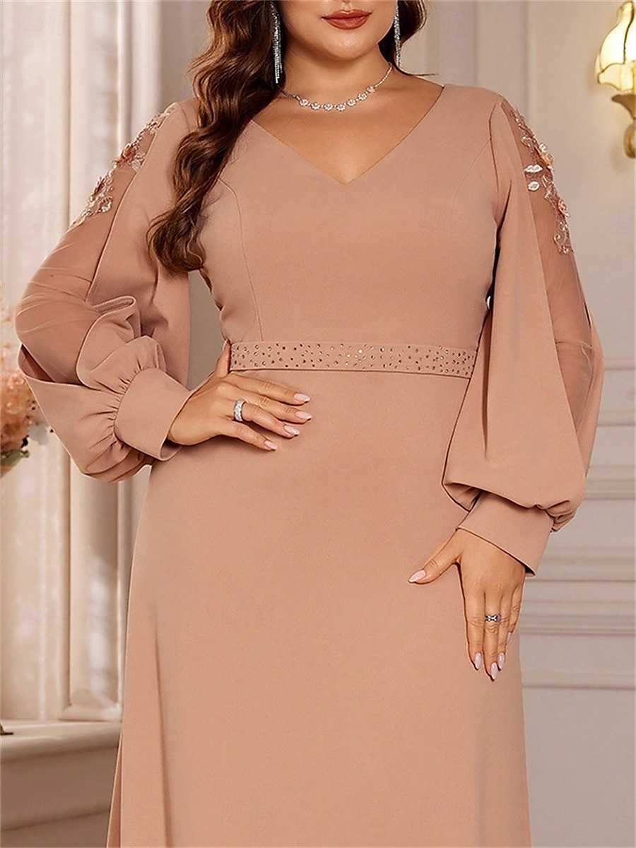 A-vonalú Plus Size Ruhák Elegáns Görbületű Ruha Formális Esküvő Padló Hosszú Hosszú Ujjú V Nyakú Chiffon Gyöngyökkel 2025 - $109.99 –P11