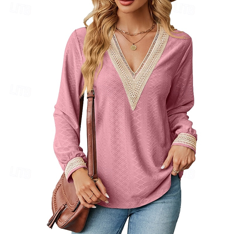 Damen Bluse Farbblock Modern Lässig Langarm V Ausschnitt Normale Oberteile Täglich Ferien Patchwork Gras-Grün Erröten Sie Rosa Schwarz Rosa Wein Sommer 2025 - $21.99 –P6