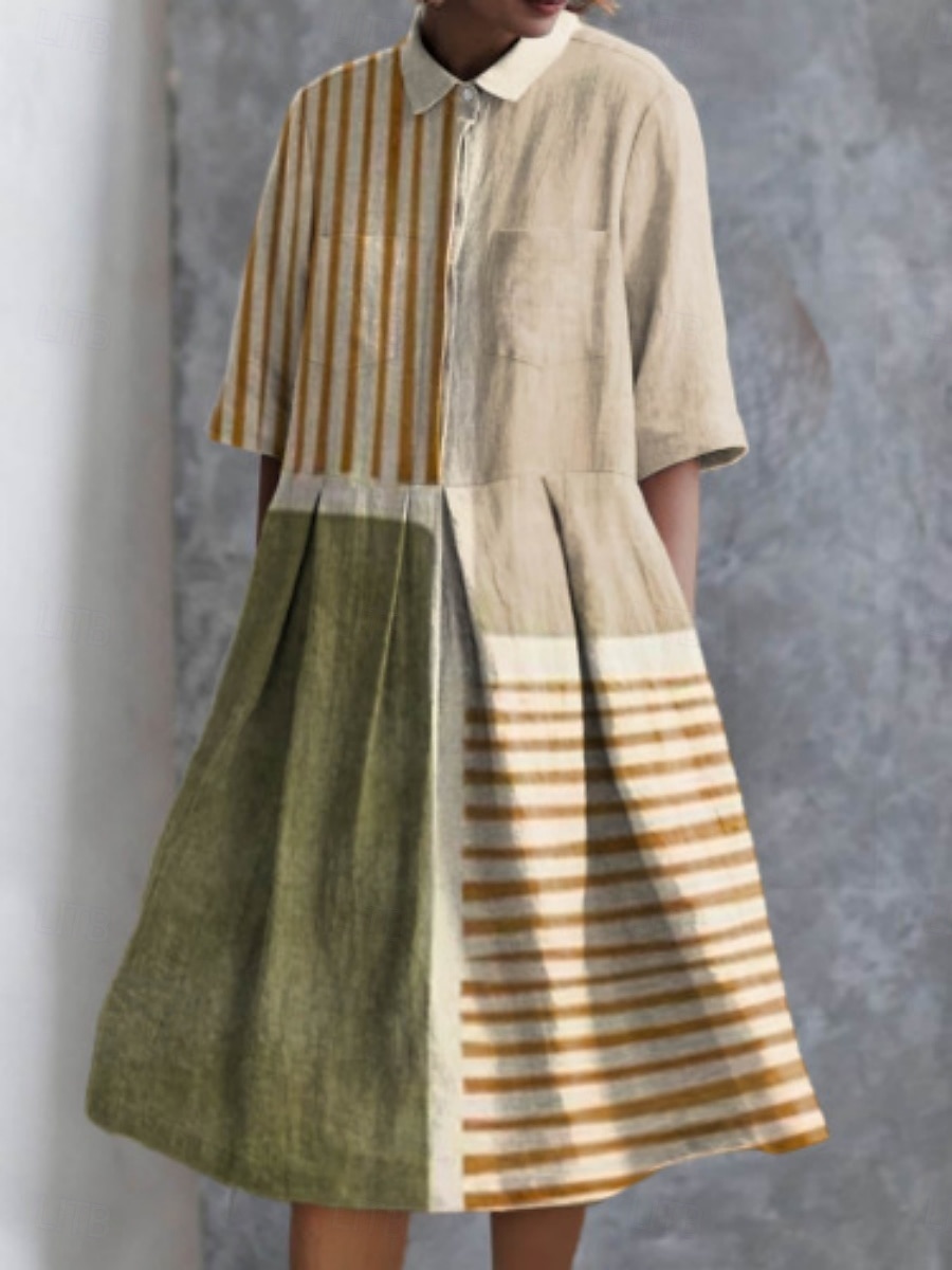 Per donna Abito Midi Abito a trapezio Abito Estivo Casual Quotidiano Vestibilità regolare Geometrico A righe Mezza Manica Bavero Rosso Blu Azzurro cielo Albicocca Estate del 2025 a $41.99 –P3