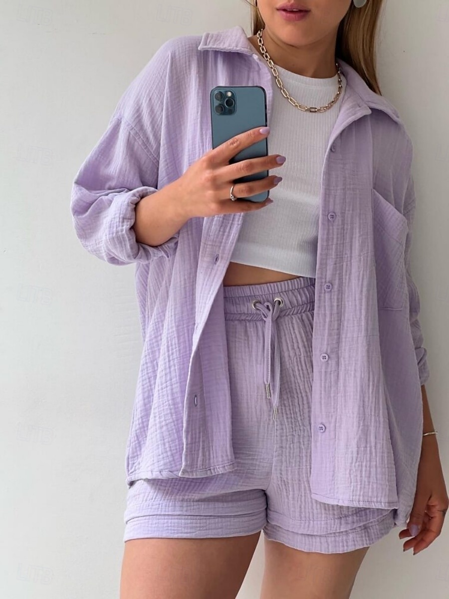 Dames Elegant Modieus Streetwear Katoenen linnen sets Lange mouw Overhemdkraag Effen Kleur Buiten Werk Casual Zwart Paars Oranje Zomer Ruim Passend 2025 - $26.99 –P11