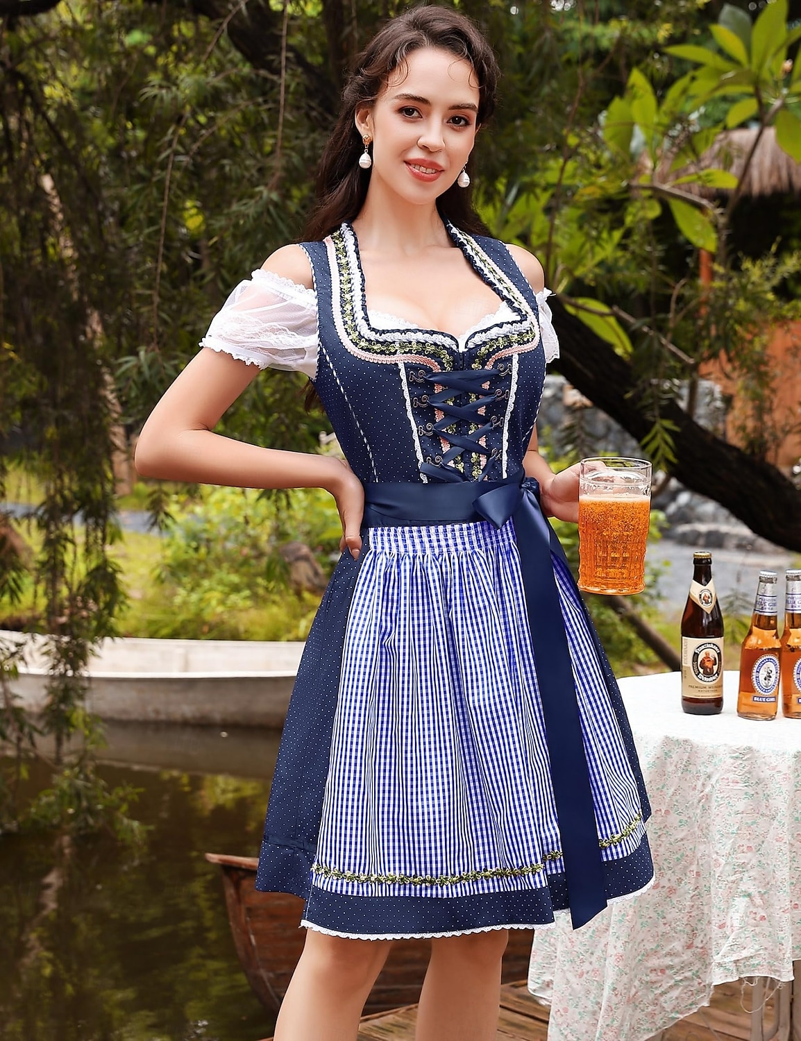 Kvinnens Oktoberfest dirndl kjole snøring satengbånd rutete ølfestival forkle tradisjonell kjole Oktoberfest 2025 - $73.99 –P10
