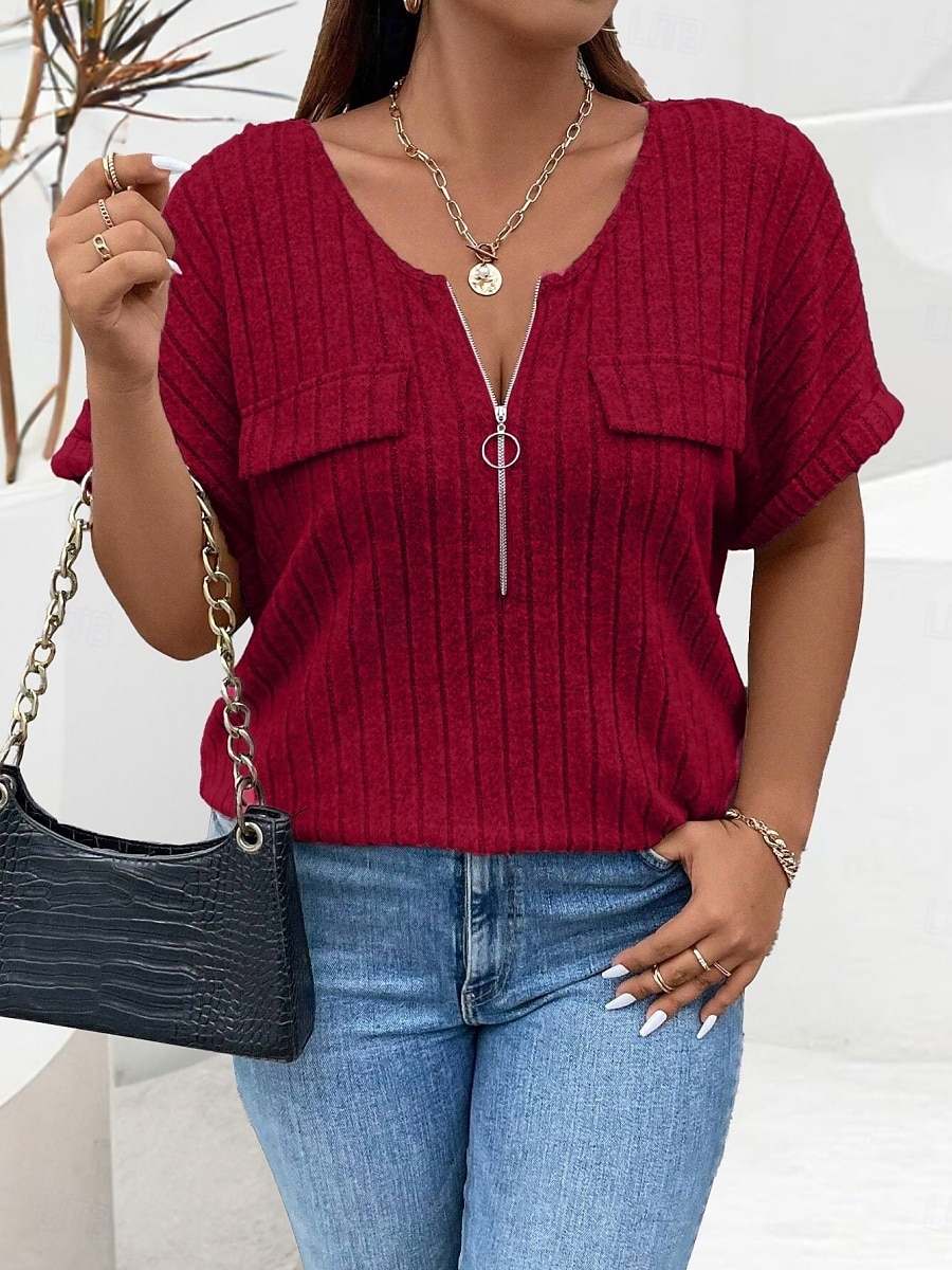 Dámské Plus velikost Topy Tričko Pevná barva Zip Kapsy Krátký rukáv Do V Módní Šik ven Na běžné nošení Denní Víkend Polyester Léto Podzim Světlá růžová Fialová 2025 - $23.99 –P5