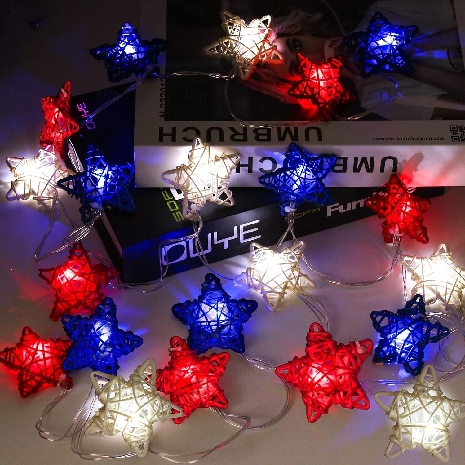 1 Pc 3M-20 LED Star String Lights Red, White, Blue Vine Weaving Pentagram Light String July 4th Independence Day Party Patriotic Atmosphere Decorative Light AAA Battery Box 2025 - $14.49 –P12