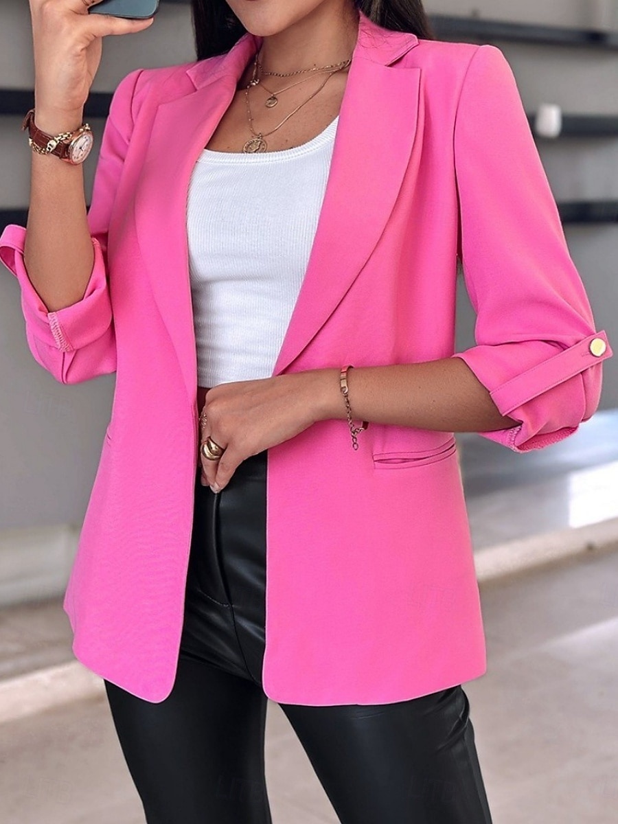 Women's Blazer Breathable Comfortable Pocket Casual Plain Office Street Casual Daily Wear Open Front Regular Turndown Regular Fit Long Sleeve Outerwear Black White Pink Summer 2025 - $23.99 –P5