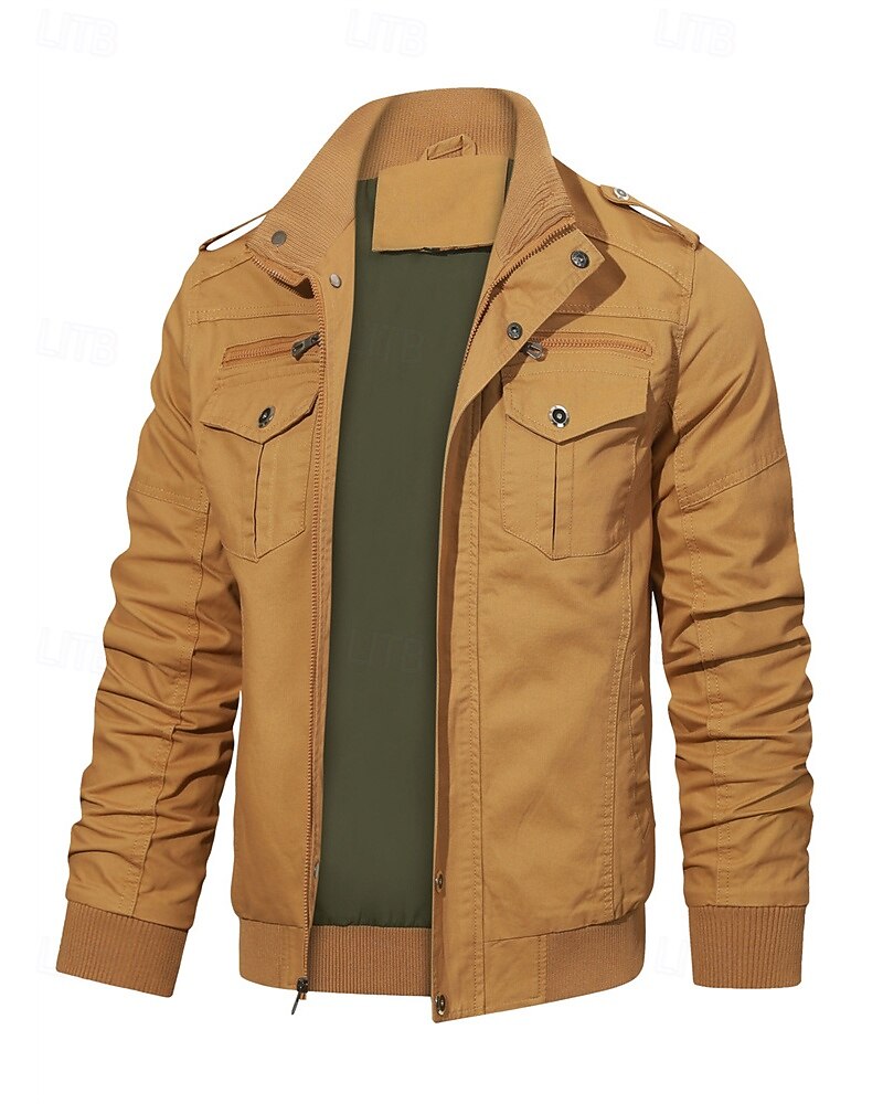 Men's Trucker Jacket Cargo Jacket Casual Jacket Vacation Daily Pocket Spring Fall Plain Fashion Classic Stand Collar Regular Black Khaki Army Green Jacket 2025 - $53.99 –P2