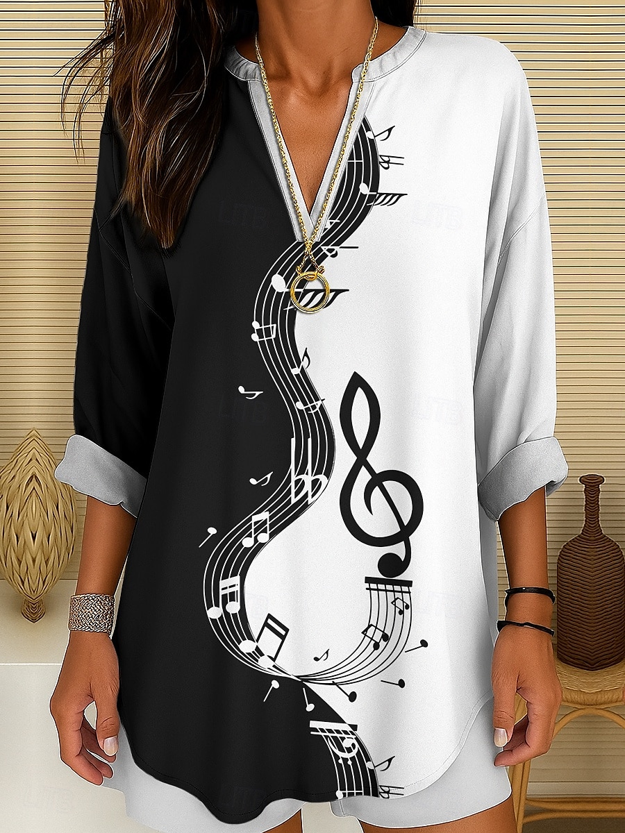 Túnica de Blusa para Mujer Festival de Música Cuello en V Manga Larga Boho Casual Tops Gráfico Geométrico Elegante Vintage Tropical Tops Regulares Impresión Diaria Blanco Y Negro 2025 - $27.99 –P4