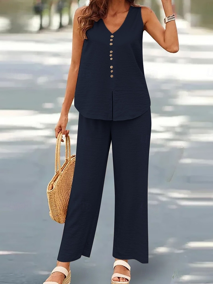 Femmes Mode Streetwear Quotidien Ensembles de Pantalons Sans manches Col en V Uni Occasionnel Quotidien Noir bleu marine Vert Été Coupe Ample de 2025 ? $28.99 –P6