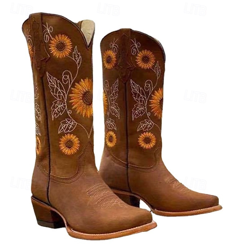 Damen Western Cowboystiefel mit Sonnenblumenstickerei – Vintage Kunstleder Festivalstiefel mit Gürteldetail für Musikfestivals und Freizeit 2025 - $54.99 –P5