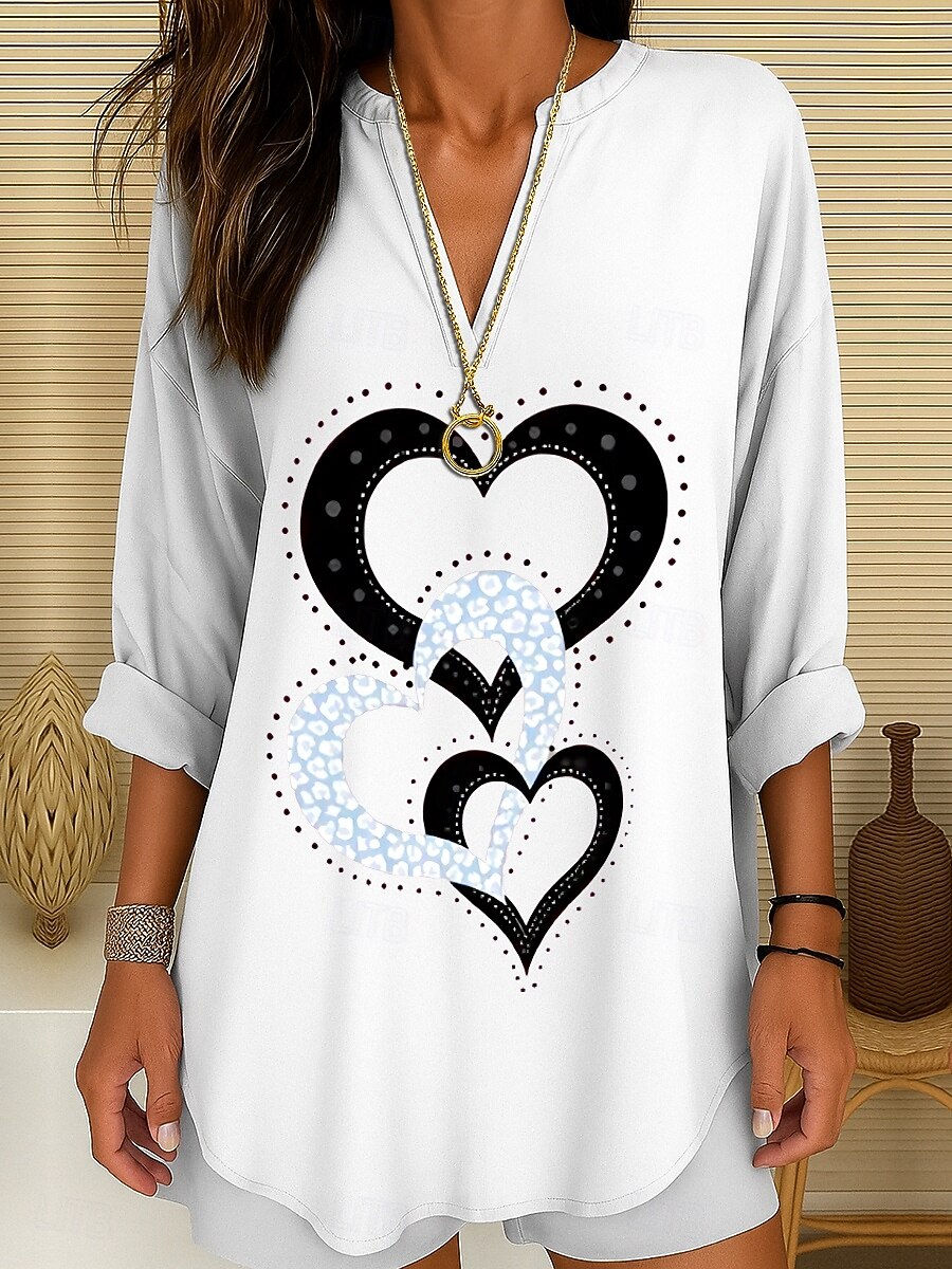 Women's Blouse Linen Like Breathable Lightweight Tunic V Neck Long Sleeve Boho Casual Tops Heart Graphic Geometric Elegant Stylish Regular Tops Daily Print Black White Yellow Red Blue 2026 - $32.99 –P10