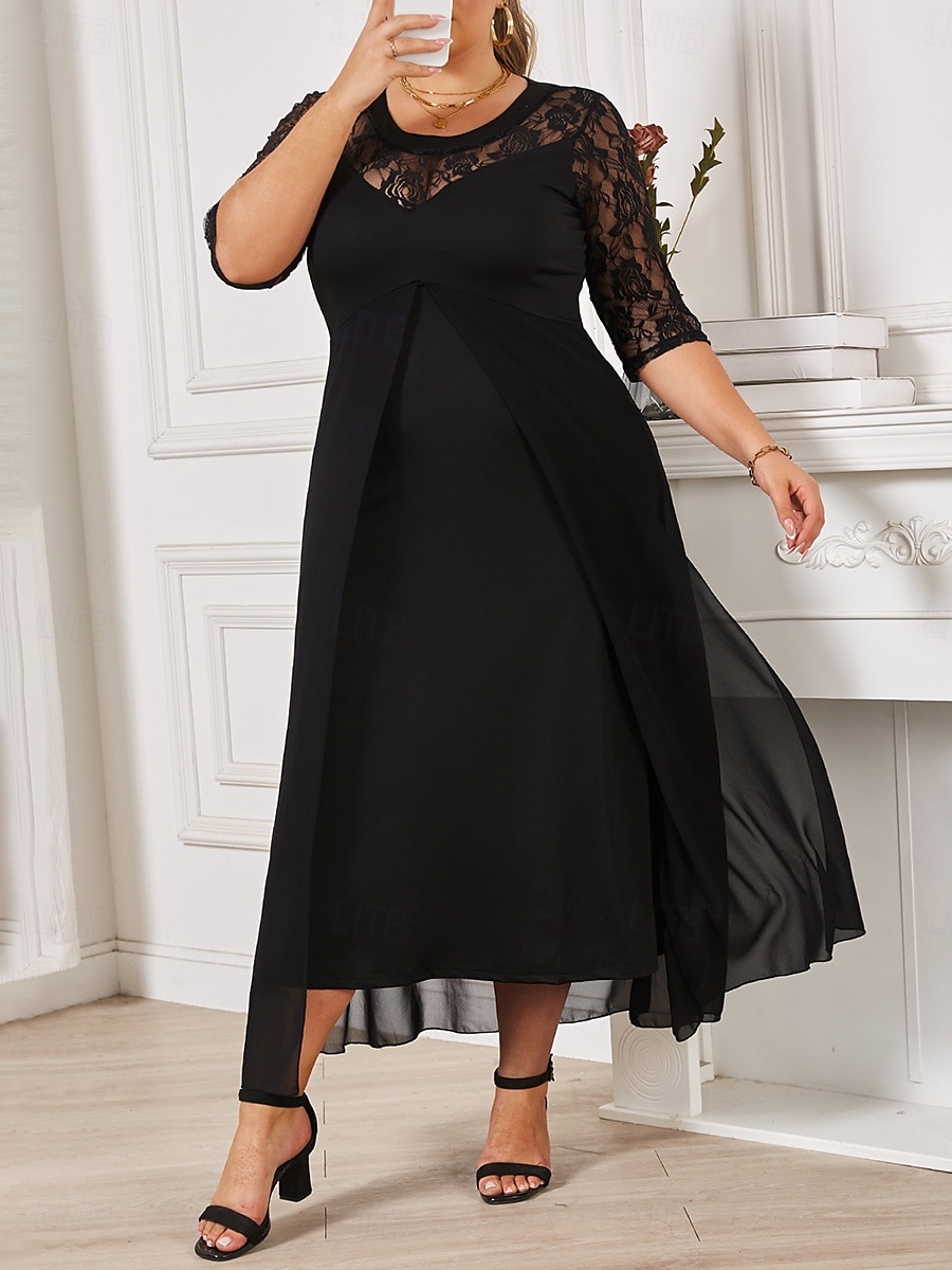 Damen Übergröße schwarzes kleid Einfarbig Rundhalsausschnitt Halbarm Sommer Frühling Elegant Midikleid Party Kleid 2025 - $44.99 –P5