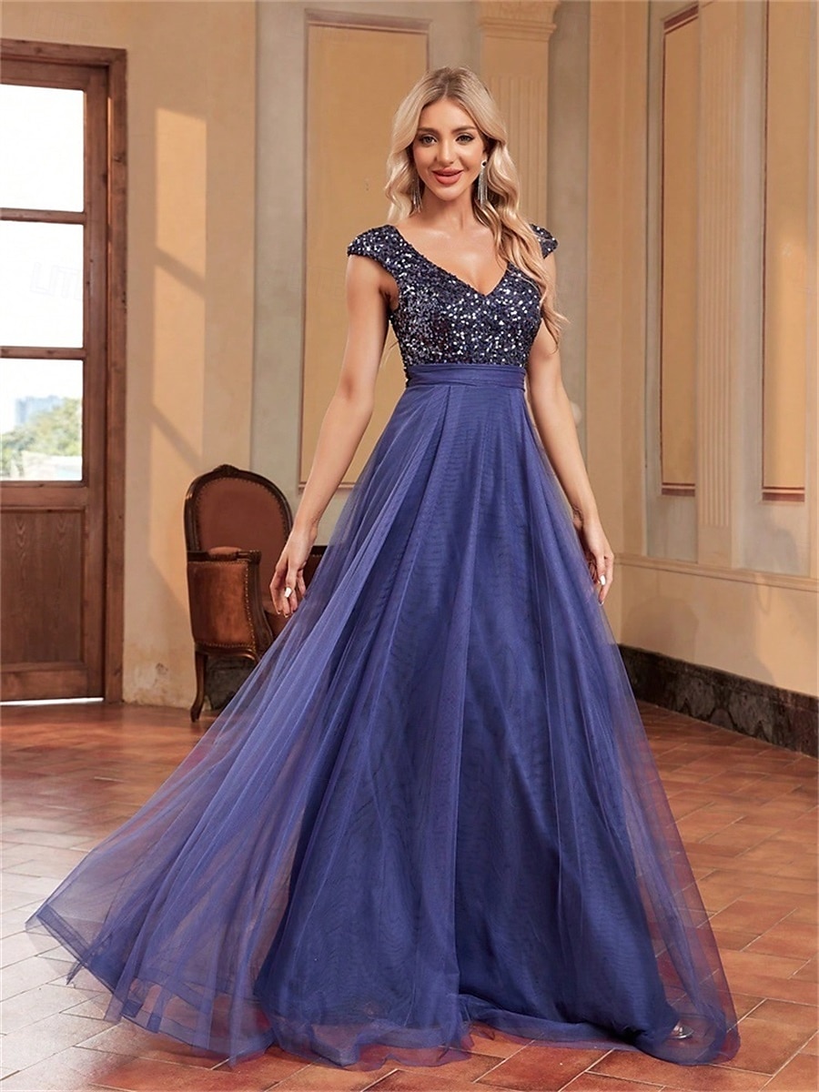 Abiti per Quinceanera A-Line elegante abito formale per matrimonio lunghezza del pavimento senza maniche scollo a V tulle con schiena a V e paillettes del 2025 a $99.99 –P17