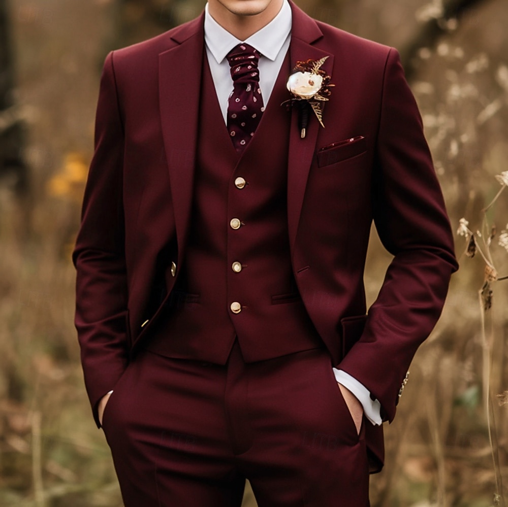Heren Bruiloft Feestavondkleding Kostuums Bordeaux Modieus Formeel Effen Standaard pasvorm 3-delige set Enkele rij knopen met twee knopen 2025 - $136.99 –P2