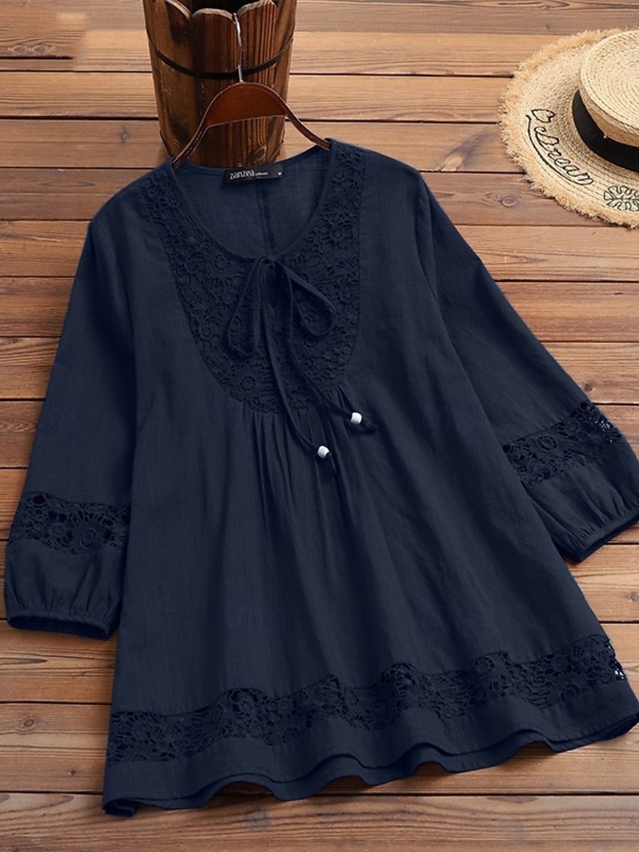 Femmes Chemises en coton et lin Couleur Unie Élégant Occasionnel Manche 3/4 Col en V Hauts Réguliers Quotidien Dentelle Patchwork Noir Blanche Vin bleu marine Été Printemps de 2025 ? $19.99 –P12