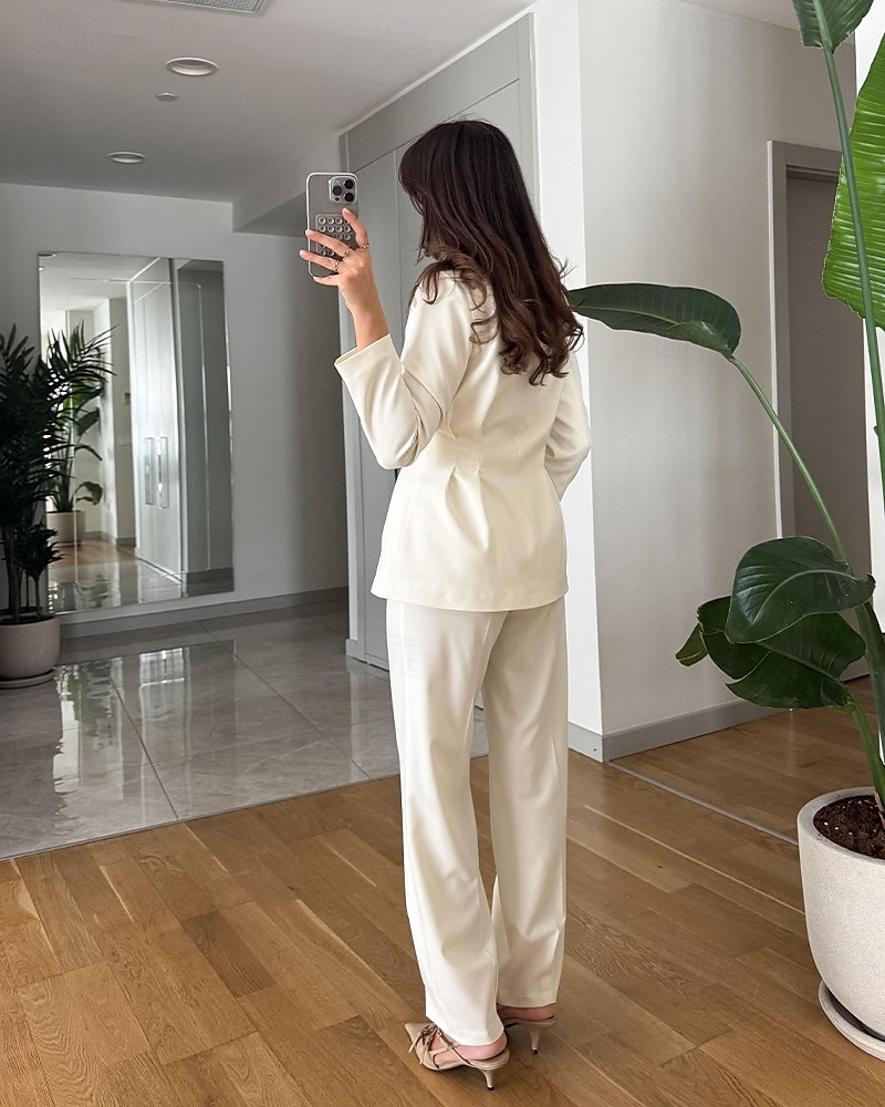Macacão  Conjunto de Calças 2 Peças Conjunto de Mãe da Noiva Conjunto de Calças com Blazer Sem Gola Elegante Vintage Simples Mangas Longas Comprimento do Chão Calças com Detalhes de Pregas de 2025 por $169.99 –P4
