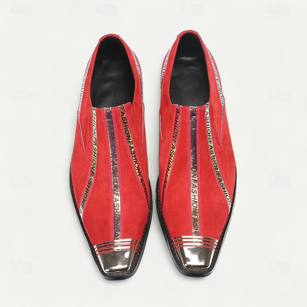 Men's Red Slip-On Leather Boots with Gold Tip Unique Printed Stripes–Modern Western Boots for Casual, Everyday Wear 2025 - $119.99 –P6