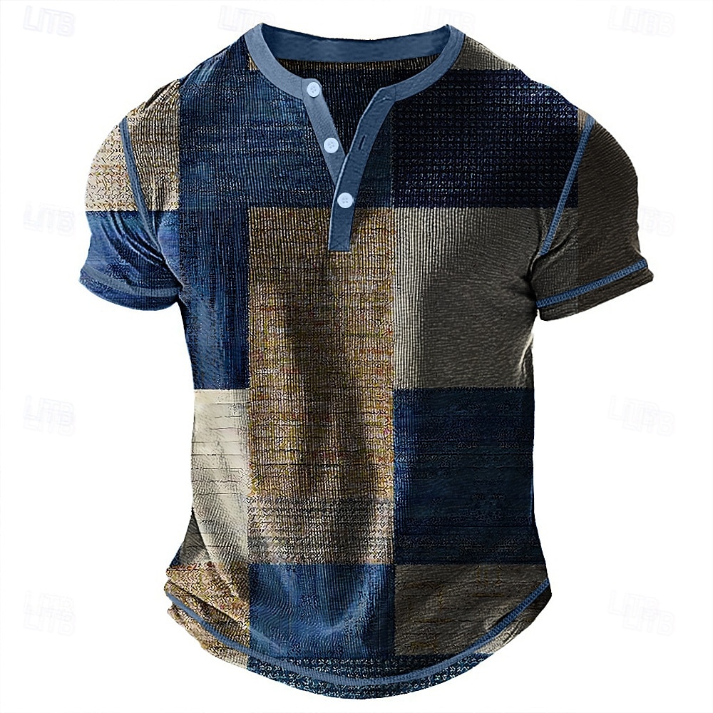 Herre Geometrisk Lapper Henly-skjorte Vaffel T-skjorte Kortermet Daglig Retro / vintage Klassisk Sport & Utendørs Avslappet Ferie Vår sommer Blå Grønn Lilla Brun Grå Henley Henley T-skjorte 2025 - $22.99 –P1