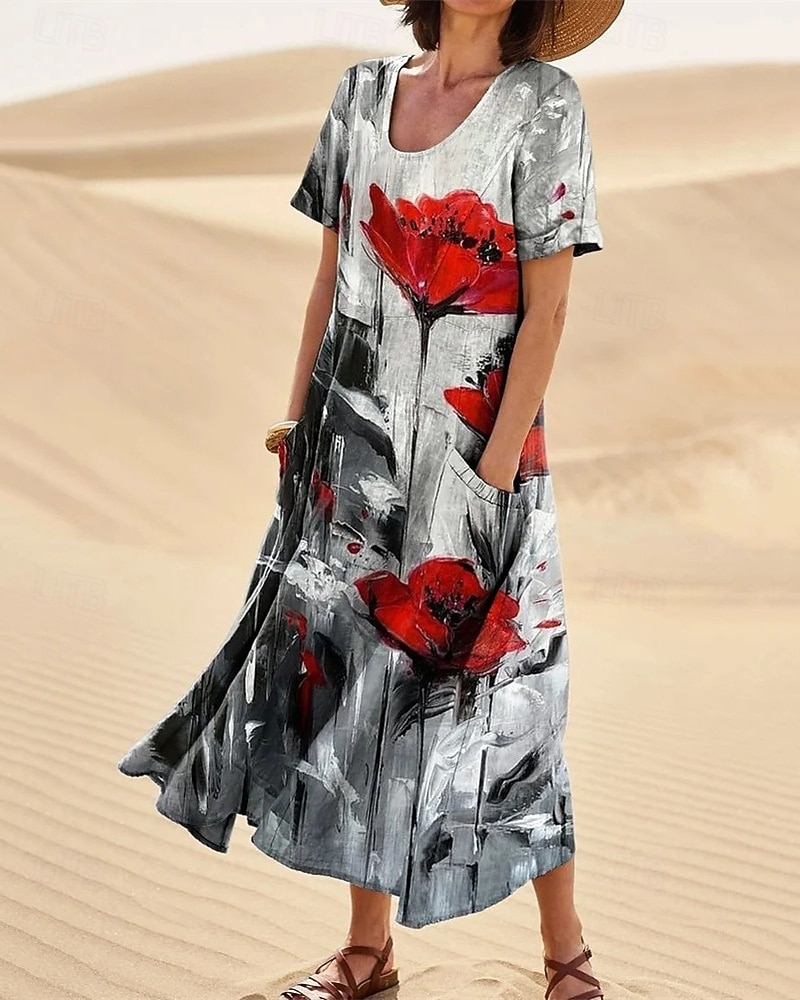 Women's Long Dress Maxi Dress Casual Dress Swing Dress Summer Dress Elegant Fashion Romantic Outdoor Party Holiday Regular Fit Flower Short Sleeve Crew Neck Blue Rainbow Gray Summer 2026 - $26.99 –P3