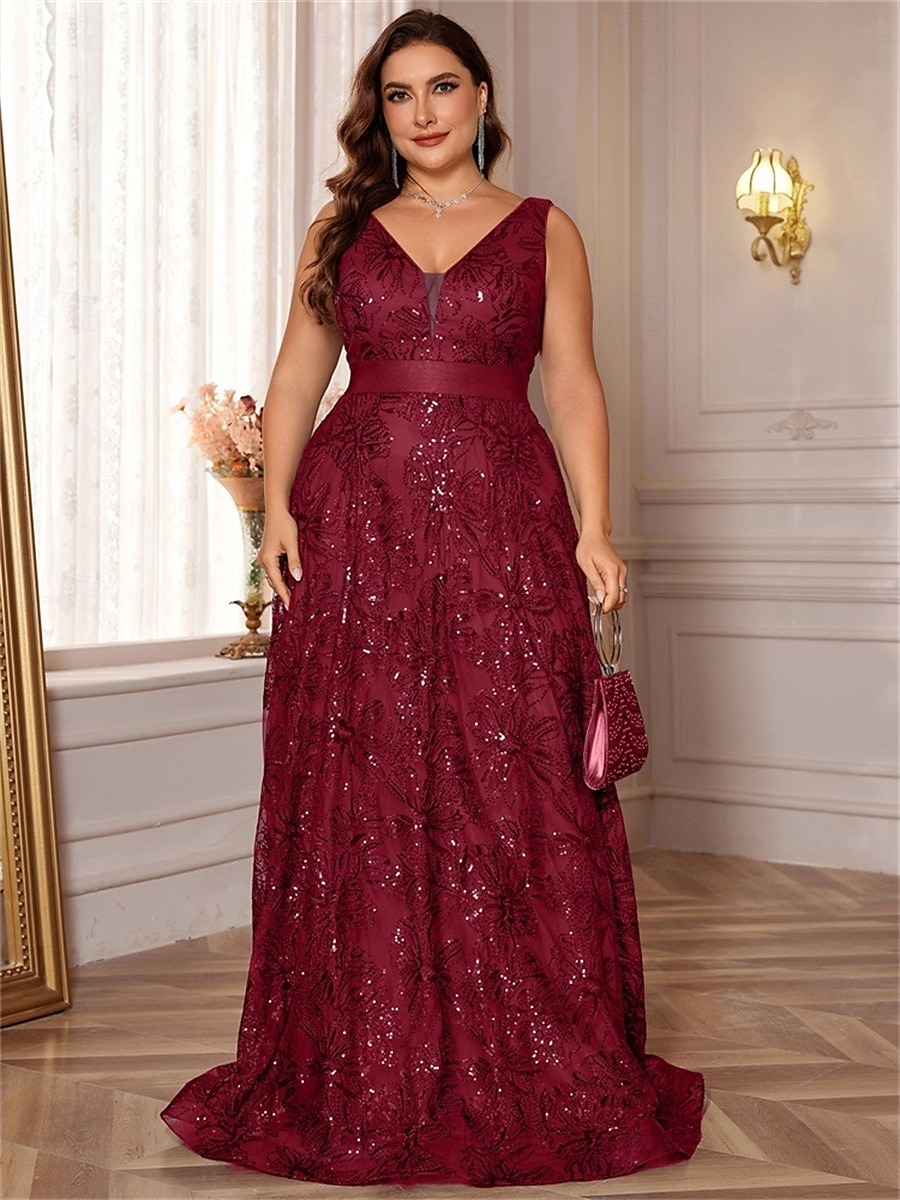 A-Linie Plus Size Kleider Elegantes Kurvenkleid Formelles Hochzeitskleid Bodenlang Ärmellos V-Ausschnitt Spitze mit Pailletten 2025 2025 - $109.99 –P11