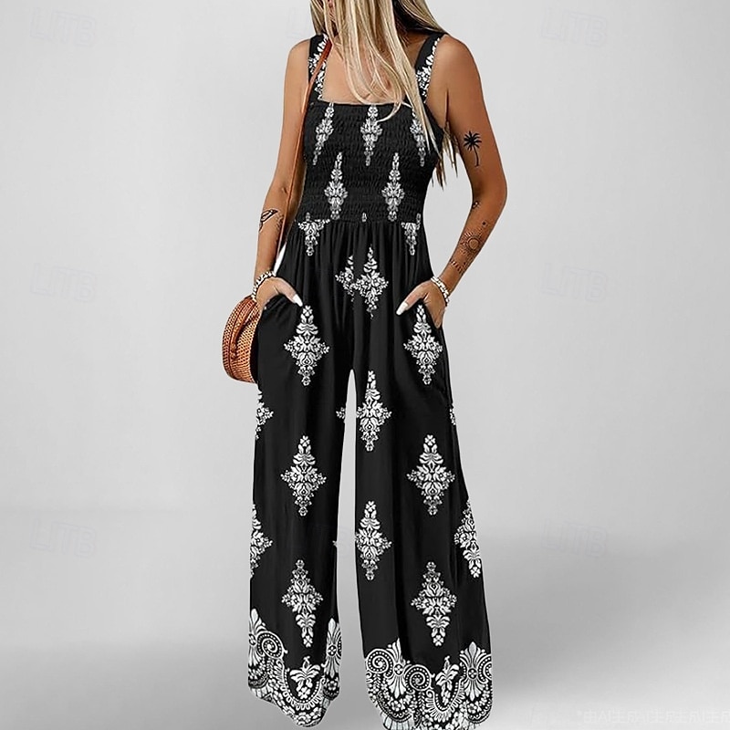 Dam Jumpsuits Aktiv Blommig Ärmlös Brett skaft kall axel Semester Hem Lös passning Svart diamant Blå Khaki grön Sommar 2025 - $28.99 –P1