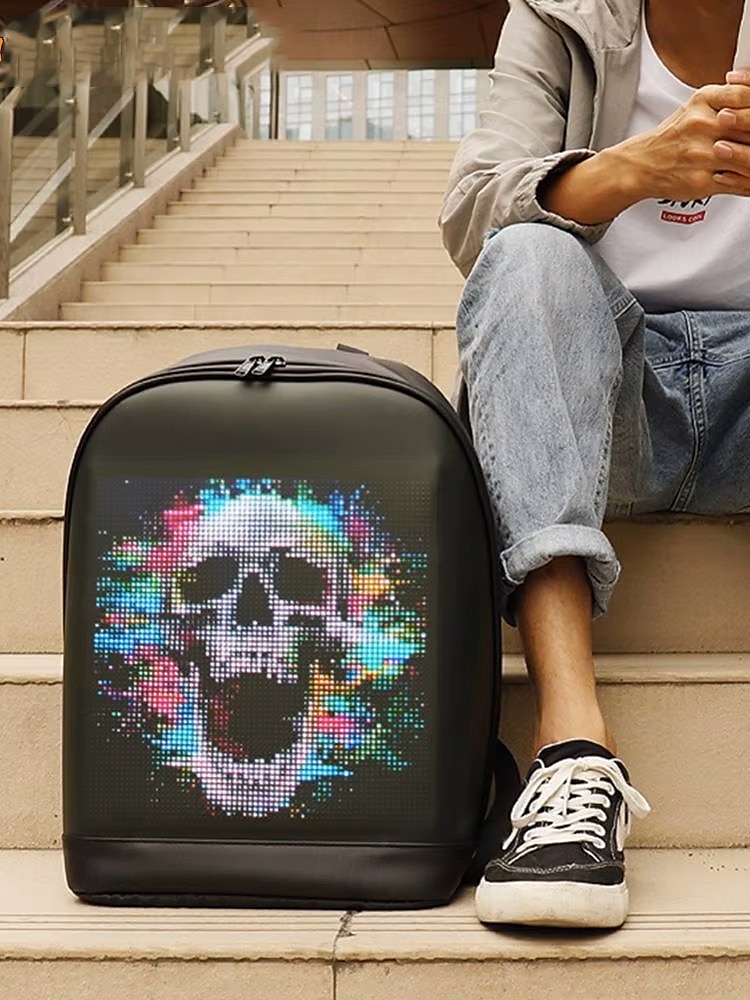 Pánský nepromokavý batoh s LED displejem a ovládáním aplikací – školní a cestovní taška z umělé kůže v technickém stylu pro studenty, tvůrce a každodenní použití 2025 - $84.99 –P3