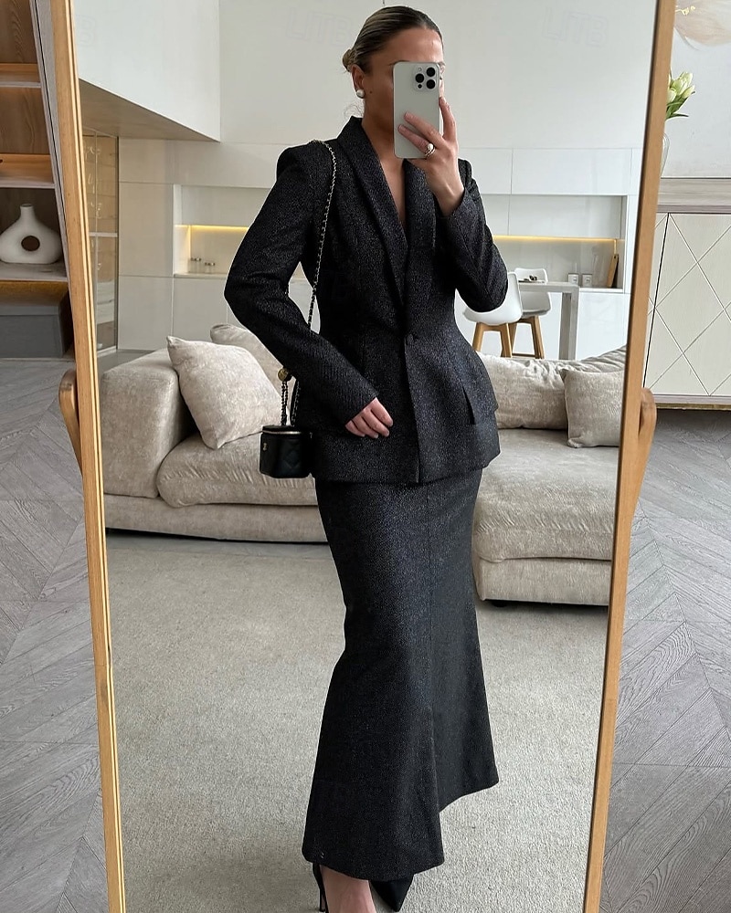 Vestido de mãe da noiva em duas peças com glitter, corte A, blazer peplum, elegante, simples, luxuoso, lapela xale, comprimento até o chão, manga longa com botões 2025 de 2025 por $169.99 –P3