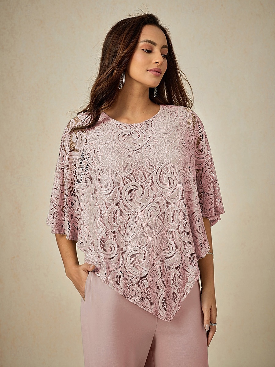 Damen Bluse Elegante Oberteile Einfach Elegant Halbarm Rundhalsausschnitt Normale Oberteile Hochzeitsgast Täglich Spitze Patchwork Geschichtet Erröten Sie Rosa Sommer Frühling 2025 - $49.99 –P1
