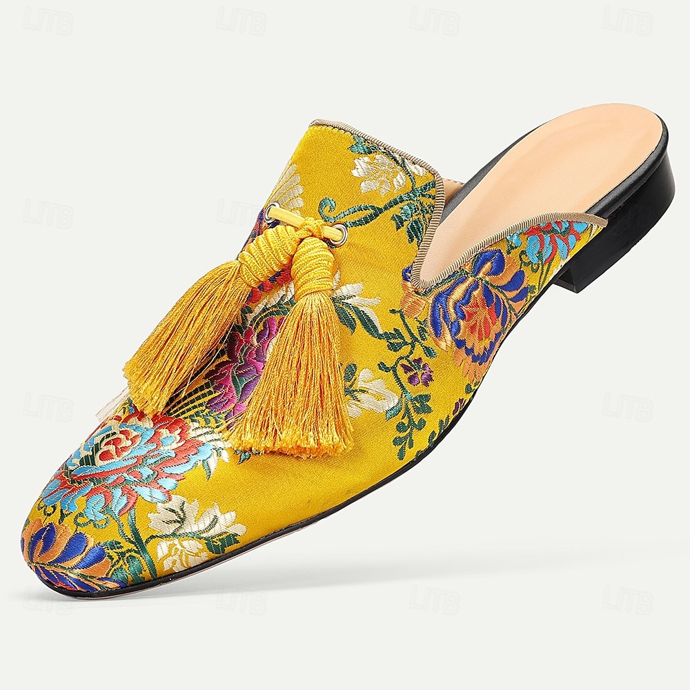 Gele premium runderleren muiltjes voor heren met levendige bloemenborduursels en kwastjesdetails – chique schoenen voor zomerse bijeenkomsten en informele festiviteiten 2026 - $99.99 –P1