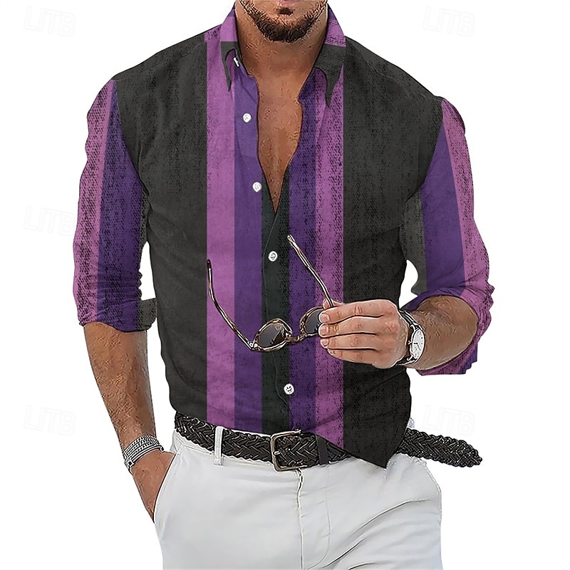 Per uomo Camicia Camicia Estiva Camicia casual Camicia da Spiaggia Camicia con Bottoni Verde chiaro Rosa Rosso Viola Verde Manica Lunga A righe Bavero Vacanza Camicia hawaiana Abbigliamento Poliestere del 2025 a $23.99 –P3