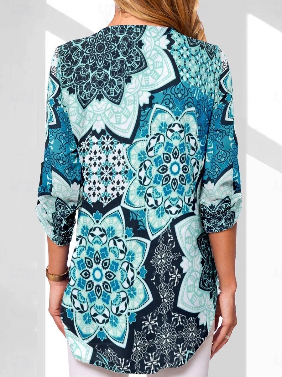 Dame Bluse Blomstret Grafisk Geometrisk Stilfull Fritid Langermet V-hals Vanlige topper Daglig Glidelås Trykt mønster Svart Hvit Rosa Marineblå Blå Sommer Vår Høst 2025 - $23.99 –P2