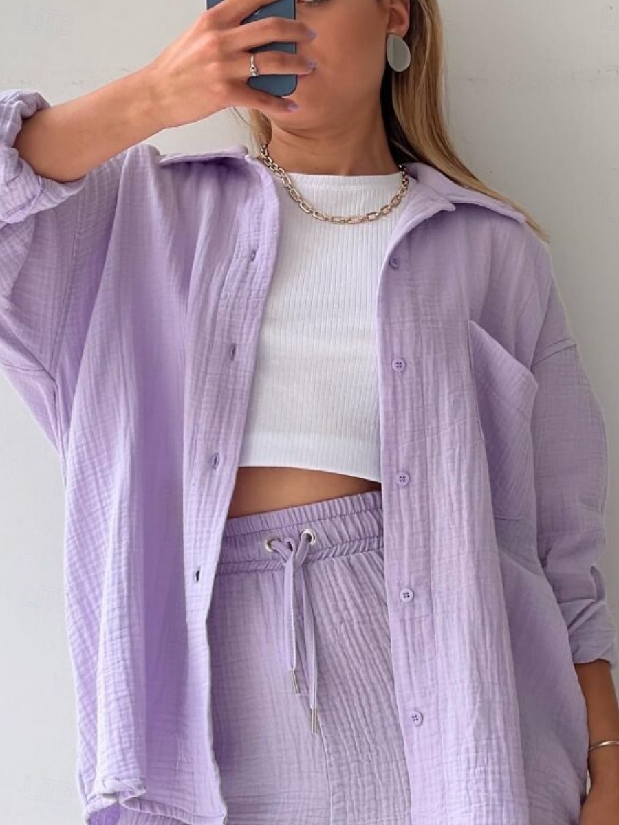 Dames Elegant Modieus Streetwear Katoenen linnen sets Lange mouw Overhemdkraag Effen Kleur Buiten Werk Casual Zwart Paars Oranje Zomer Ruim Passend 2025 - $26.99 –P10