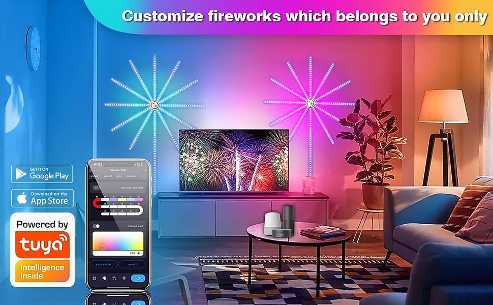 Luzes LED de Fogos de Artifício Inteligentes USB Decorativas para Quarto Luzes LED que Mudam de Cor com Efeito de Explosão Controle Remoto do App da Tira RGB para Halloween de 2025 por $17.49 –P4