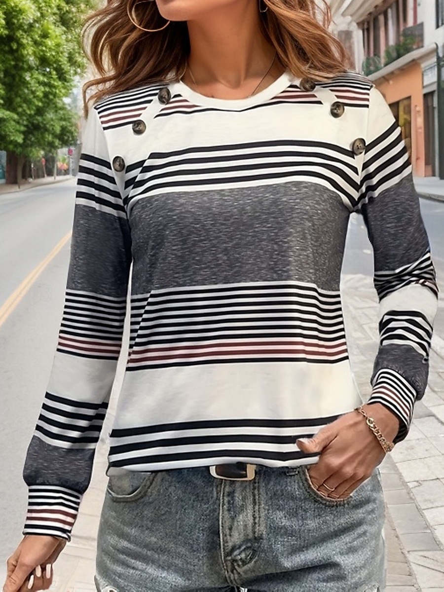 Női Ing Csíkos Stílusos Alkalmi Hosszú ujj Terített nyak Normál felsők Napi Gombok Nyomtatott Rubin Lóhere Szürke Tavasz Ősz 2025 - $19.99 –P2