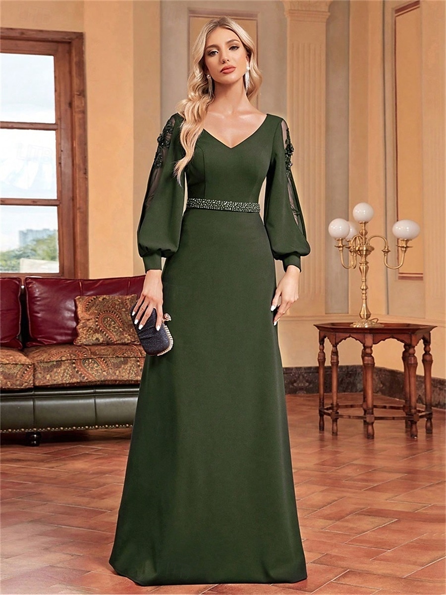 Abiti Quinceanera A-Line abito elegante formale da sposa lungo manica lunga scollatura a V in satin con perline del 2025 a $99.99 –P13