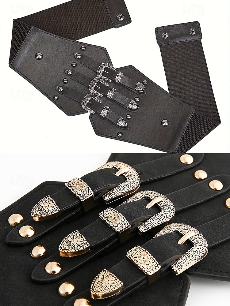 Ceinture large élastique pour femme avec triple boucle vintage – Corset gothique en similicuir pour robes et costumes de 2025 ? $14.99 –P8