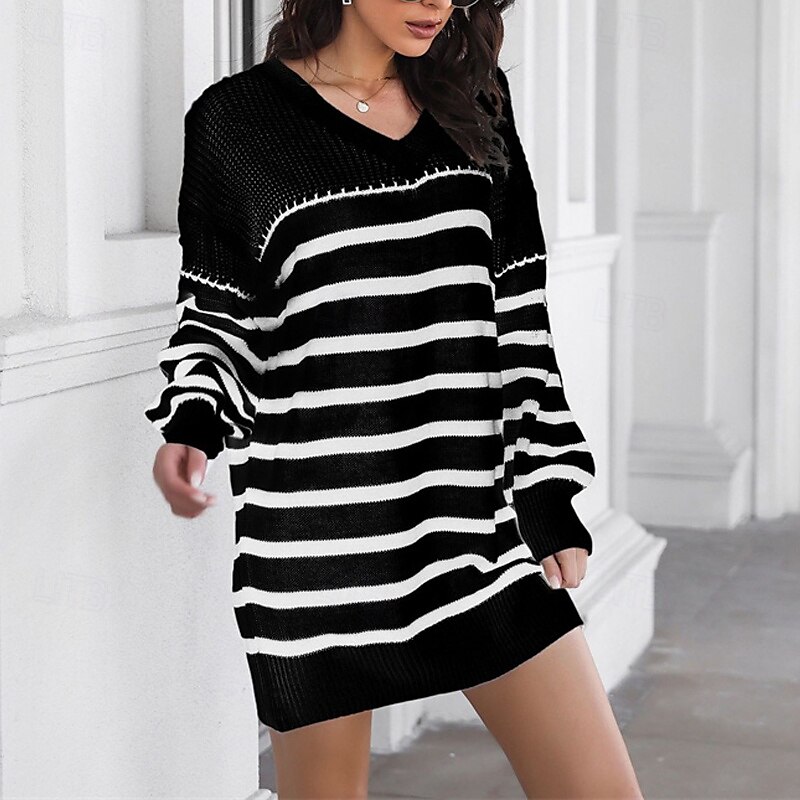 Femmes Mini Robe Robe Pull Robe Décontractée Mode Extérieur Soirée Fête Coupe régulière Rayé manche longue Col en V Noir Blanche Automne de 2025 ? $25.99 –P6