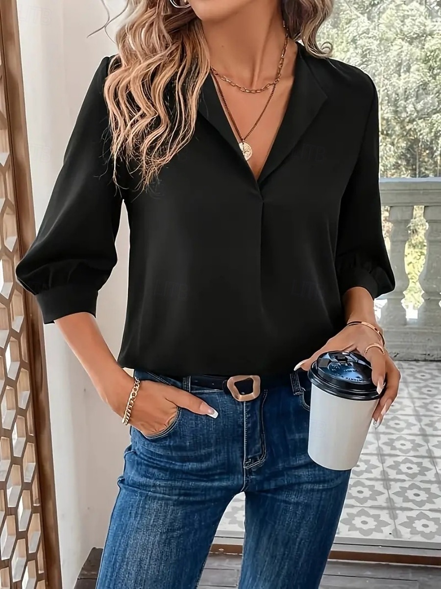 Mujer Blusa Color sólido Elegante Básico Casual Manga 3/4 Cuello Camisero Tops regulares Oficina Trabajo Negro Vino Verde Trébol Verano Primavera Otoño 2026 - $25.99 –P18