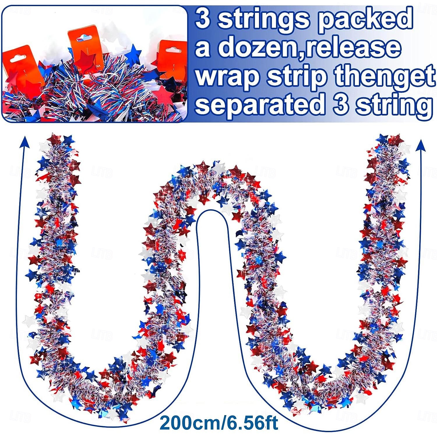 2026年 愛国的なティンセルガーランド3個、7月4日のデコレーション、合計19.7フィート、赤、白、青、メタリックグリッタースターガーランド、メモリアルデー、独立記念日、ホームデコレーション  コレクション – $9.99 –P1