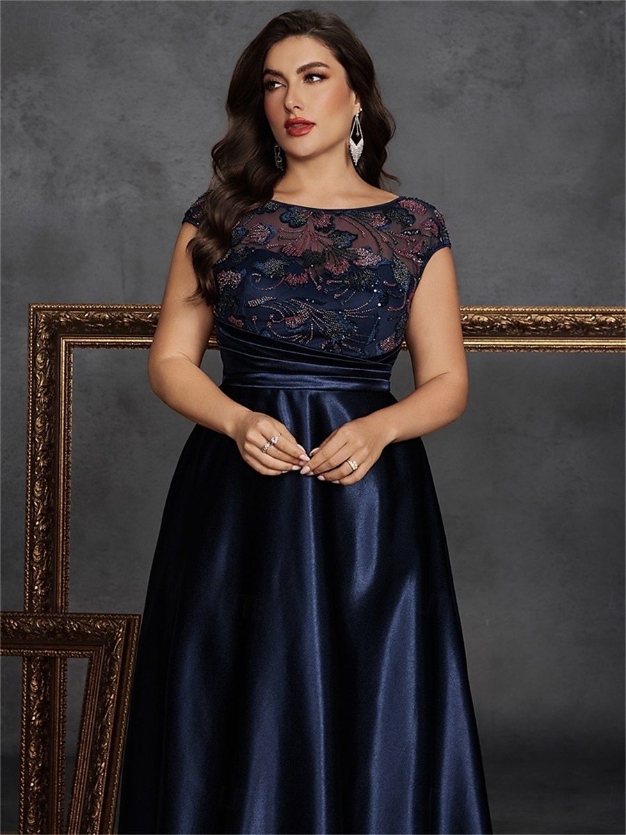 Robe A-Line grande taille élégante robe courbée formelle de mariage longueur de sol sans manches col rond satin avec plis de 2025 ? $125.99 –P2