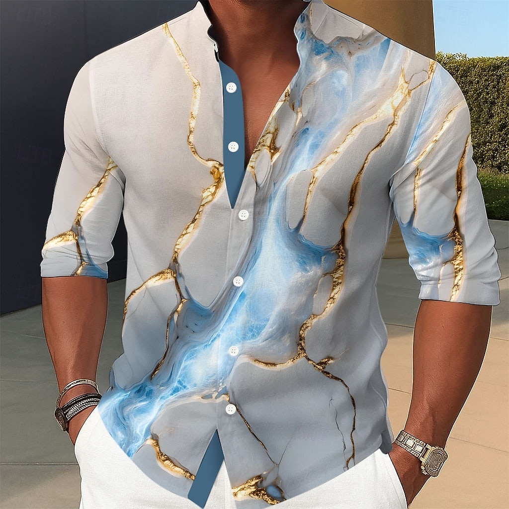 Homme Dégradé Or Marbre Chemise Chemise Boutonnée Chemise à col montant manche longue Occasionnel Extérieur Vacances Quotidien Printemps Automne Col mandarin Band Collar Impression 3D Chemise en lin de 2025 ? $25.99 –P1