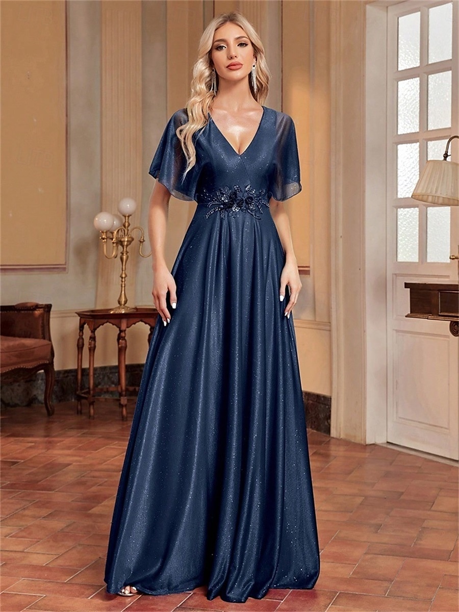 A-Linie Quinceanera Kleider Elegantes Kleid Formelle Hochzeit Bodenlang Kurzarm V-Ausschnitt Chiffon mit Falten 2025 - $99.99 –P4