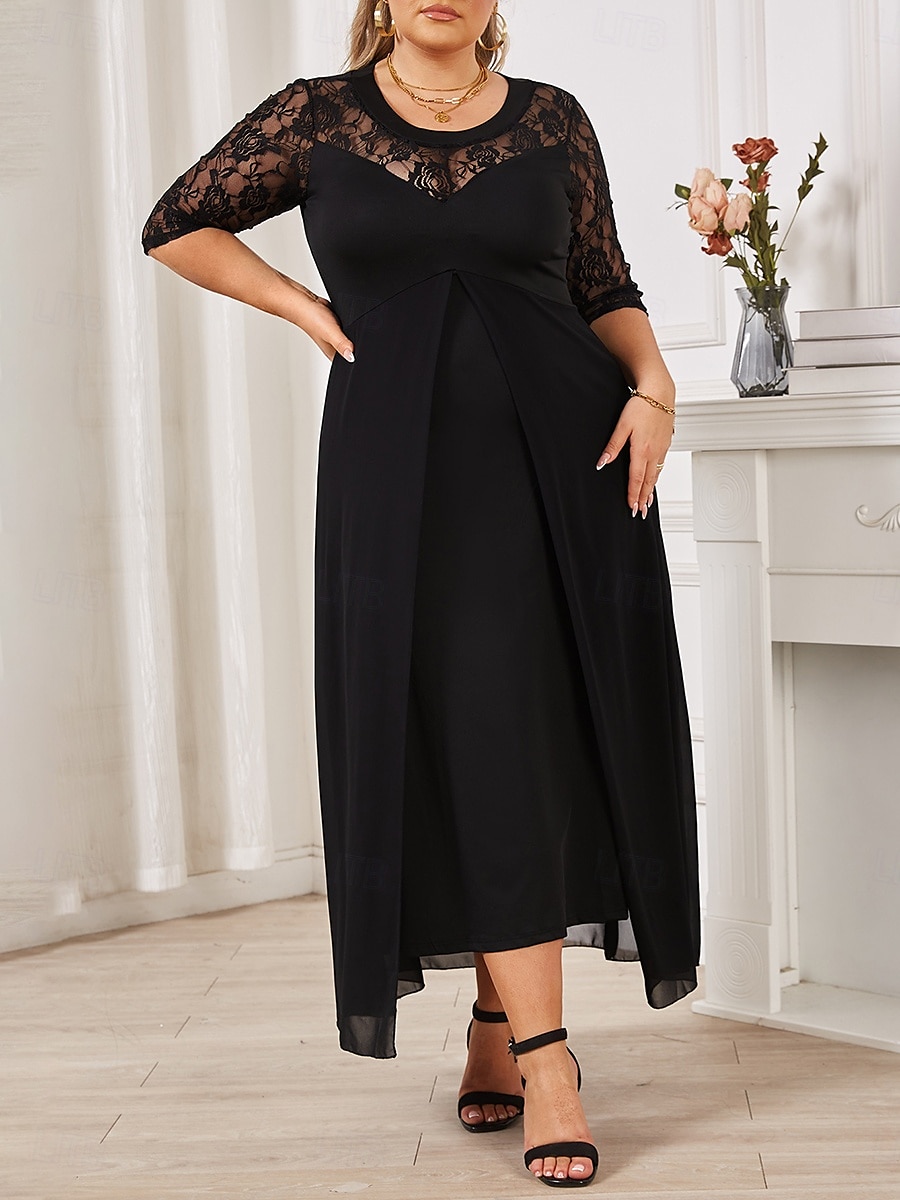 Damen Übergröße schwarzes kleid Einfarbig Rundhalsausschnitt Halbarm Sommer Frühling Elegant Midikleid Party Kleid 2025 - $44.99 –P4