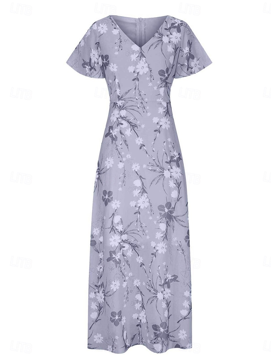 Dam Maxiklänning A linjeklänning Semester Ledigt Boho Utomhus Utekväll Normal Blommig Kortärmad V-hals Purpur Fuchsia Orange Grå Sommar 2025 - $39.99 –P3